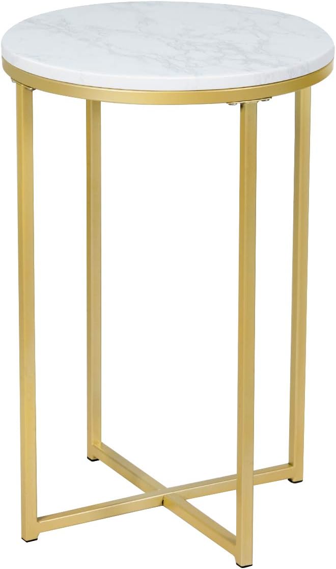 Giantex End Table X-Shaped Small Round Side Table W/Faux White Marble Top, Sturdy Golden Metal Frame, Chic Appearance for Living Room Bedroom Study Room Nightstand (1)