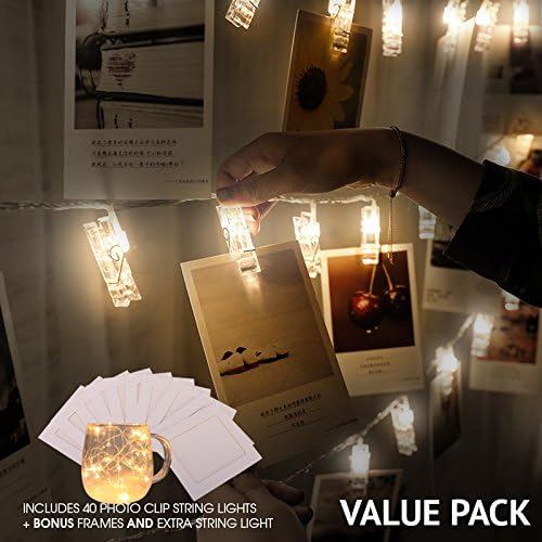 Photo Clip String Lights | VALUE PACK | 40 LED Lights Battery Powered | Home Decoration, Weddings, Parties, Showcase Pictures, Dormroom, Decor | FREE 10-Pack Picture Frames &amp; BONUS String Lights