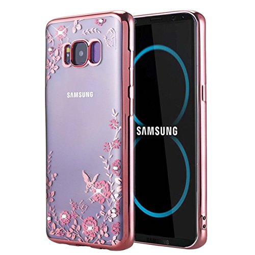 Galaxy Note 8 Case, HAOTP Floral Butterfly Secret Graden Design Pattern with Bling Diamond Clear Soft Flexible TPU Gel Slim Back Case Cover for Samsung Galaxy Galaxy Note 8 - Rose Gold