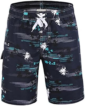 Men's Quick Dry Beach Shorts Swim Trunks Printed Palm Beach Pants Board Shorts (31-32 Waist, Blue)
