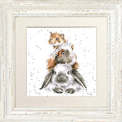 Wrendale Designs "Piggy In The Middle" Rabbit Guinea Pig and Hamster Framed Picture in Various Frame Colours (Distressed White) — image 1