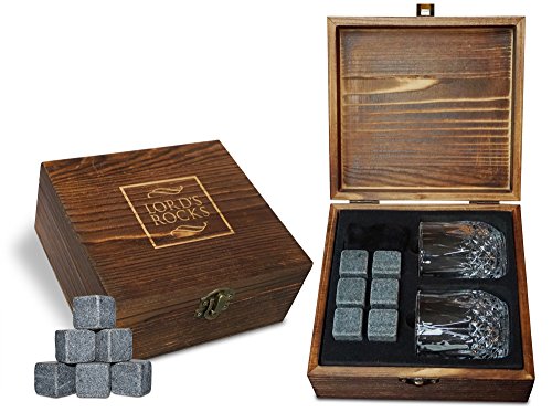 Whiskey Stones – Cold Stones/Rocks For Drinks – Natural Granite Whiskey Stones To Chill Your Drinks – A Gift Set Of 6 Unique Granite Ice Stones & 2 Crystal Whiskey Shot Glasses By Lord’s Rocks