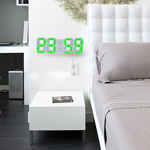 LED Digital Alarm Clock For Desk / Shelf / Tabletop, Modern Home Decoration 3D Wall Clock, Easy To Read at Night, Loud Alarm and Snooze, Big Digit Display (White Frame, Green Light) - Thumbnail 4