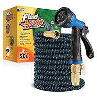 Flexi Hose Expandable Garden Hose with 8 Function Nozzle, 50FT - Lightweight Retractable Garden Hose, Water Hose - No-Kink Flexibility, 3/4 Inch Solid Brass Fittings and Double Latex Core