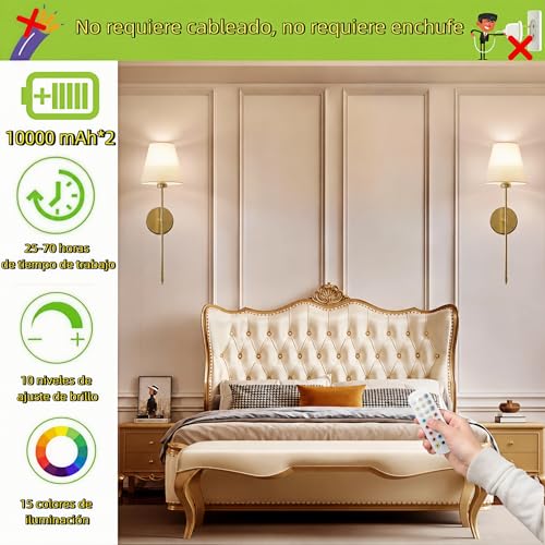 Nuevos Apliques de pared recargables (2 Piezas, 10000mAh c/u), 15 Colores, 10 Niveles de Brillo. Lamparas de pared inalámbricas con control remoto, perfectas como lámparas de pared interior de casas.