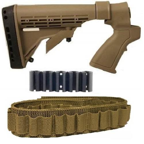 Ultimate Arms Gear Mossberg Maverick 88 12 & 20 GA Gauge Shotgun FDE Flat Dark Earth Stock + Coyote Tan 56 Round Shotgun Shotshell Ammo 12 & 20 Gauge Shot Shell Shoulder Bandolier Bandoleer Carrier