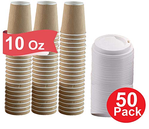 1InTheHome 10 Oz Coffee Cups With Lids. Disposable Insulated Ripple Wall Paper Hot Cups with Lids (50 pack)