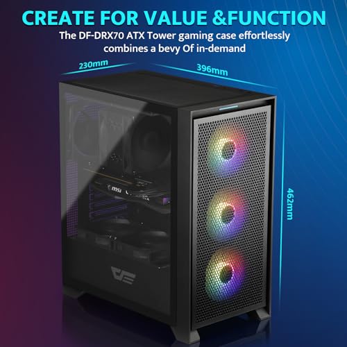 darkFlash ATX Mid-Tower Gaming PC Case, Pre-Installed 3x120mm Fix RGB Fans, with Removable Large Mesh Front Panel, USB3.0 Ready, Tempered Glass Side Panel Airflow Computer Case, Black(DRX70)