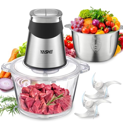 Picadora Eléctrica, Procesador de Alimentos 500W con Cuencos de Vidrio de 1.8L y Acero Inoxidable de 2L, 2 Velocidades, 2 Juegos de Cuchillas Para Carne, Verduras y Más