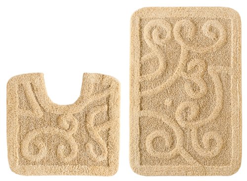Cotton Craft - 2 Piece Bath Rug Set - Large Scroll - Linen - 100% Pure Cotton - with Spray Latex Back- High Quality - Super Soft and Plush - Classic Scroll Design - All Hand Made - Hand Tufted Heavy Weight Durable Construction - Larger Rug is 21x32 Oblong and Second rug is Contour 21x20 - Easy care machine wash
