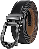 Marino Men&rsquo;s Genuine Leather Ratchet Dress Belt with Open Linxx Buckle, Enclosed in an Elegant Gift Box - Black Circular Open Buckle with Black Leather - Custom: Up to 44