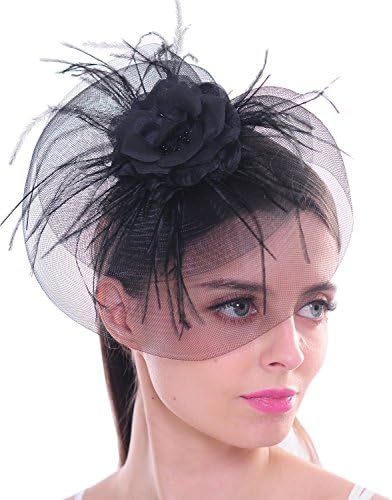 FAYBOX BRIDAL Elegant Flower Polka Dot Mesh Net Veil Feather Fascinator Hair Clip Hat Wedding Cocktail