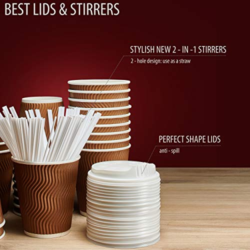 Insulated Disposable Coffee Cups with Lids & Straws 12 oz, 100 Packs