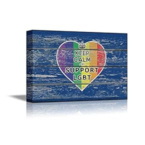Canvas Prints Wall Art - Keep Calm and Support LGBT Heart Shape Rainbow Flag Pattern on Vintage Wood Board - 12" x 18"