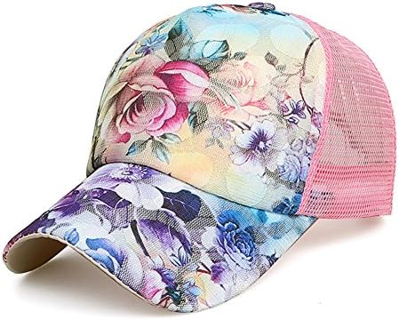 ZLSLZ Women's Mesh Lace Flower Print Sun Hat Floral Trucker Baseball Cap Hat (4Pink)