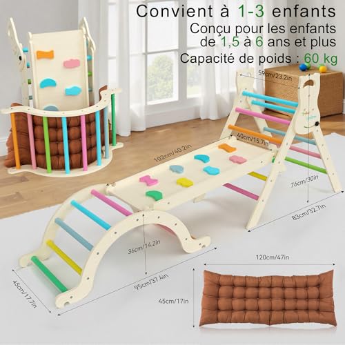 Yrthe Voitom Children's Climbing Ark Montessori Baby, 7 in 1 Wooden Climbing Triangle with Arch, Slide Ladder Cushion Slide, Baby Motor Skills for Toddlers 1 Years+ (Colour)