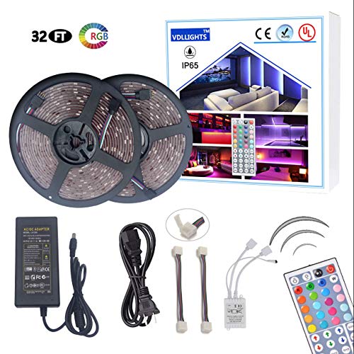 Vdllights RGB Led Strip Lighting,5050 32.8ft (10M) Waterproof Led Tape Rope Lights Kit with 44key Led Controller + 12V Power Supply for Bedroom, Kitchen, Cabinet, Ceiling, TV Decoration