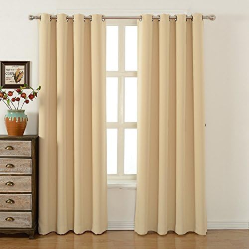 Blackout Bedroom Curtains Set 100% Polyester Grommet Top Room Darkening Panels Thermal Insulating Draperies For Saving Energy Noise Reduction & UV Rays Blocking Beige