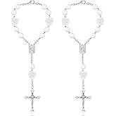 Qurbuns 2 PCS Car Rosary for Rearview Mirror, Rose Cross Beads Rear View Mirror Charms, Personalized Auto Rosary Cross Blessing Decors, Universal Blessing Bead Decor Gifts for Men & Women (White)