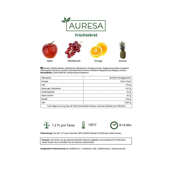 AURESA Früchtetee Früchtebrot im Glas | Früchte und Beeren - 120g | Wiederverwendbare Glasflasche mit Korkverschluss – Bild 5