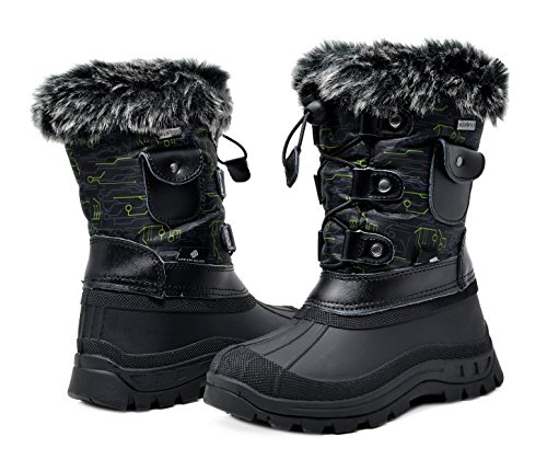 DREAM PAIRS Big Kid Ksnow Black Dk.Grey Green Isulated Waterproof Snow Boots - 6 M US Big Kid