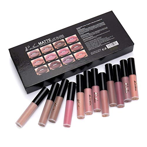 Matte Liquid Lipstick Set, 12 Colours Mate Lip Gloss Waterproof Long Lasting Beauty Lips Makeup Kit by Rechoo (Nude)