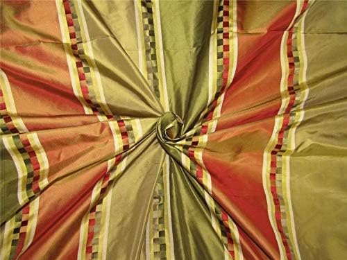 Puresilks Silk Taffeta Fabric Red/Green /Gold Satin Stripes 54" Wide TAFS155[1]