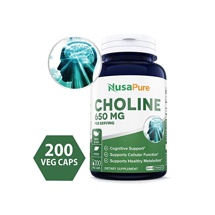 NusaPure Choline Bitartrate 650 mg.200 Veggie Capsules (Vegetarian, Non-GMO & Gluten-Free)