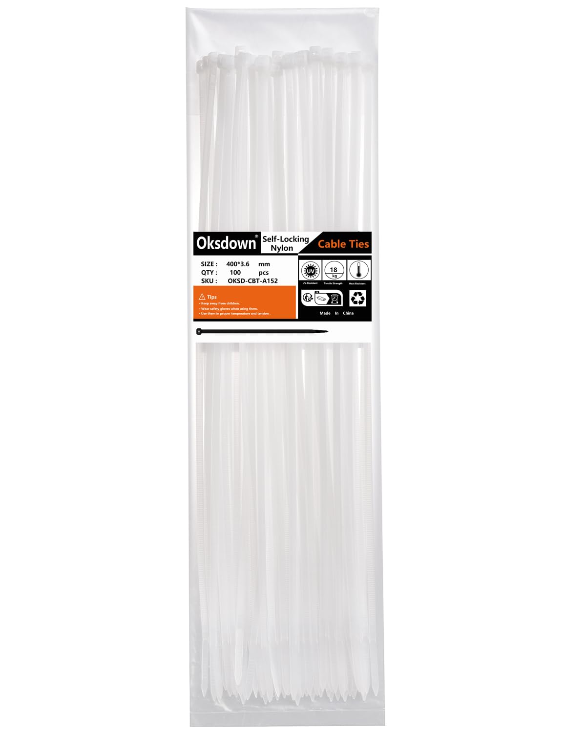 Oksdown 100 Pack White Plastic Cable Ties 400mm×3.6mm Strong Nylon Premium Self Locking 16 inch/40 cm Long Zip Tie Wraps