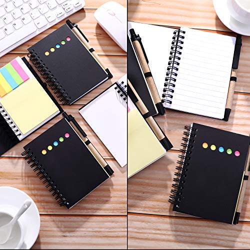 Maxdot 4 Pieces Kraft Paper Steno Pocket Business Notebook Spiral Lined Notepad Set with Pen in Holder, Sticky Colored Notes Page Marker Tabs (Black Cover)