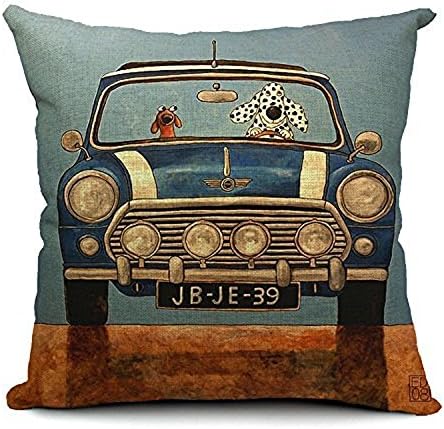 18''X 18'' Driving Dogs Cotton Linen Decorative Throw Pillow Cover Cushion Case (Gray)