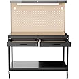 Henetion Multipurpose Work Bench, A3 Steel Workbench with Drawers, Pegboard, 600LBS Capacity Garage Workbench with Led Lights, Heavy Duty Work Benches for Garage, Workshop, Basement