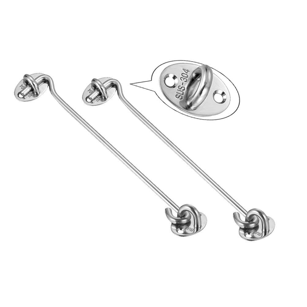 Gumiho Cabin Hook【2PCS】 EAHOME Stainless Steel Eye Shed Gate Door Latch Silent Holder Window Brace Cain Pegs, Silver (8inch/200mm)