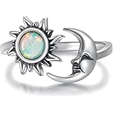 Opal Sun and Moon Ring Adjustable 925 Sterling Silver Crescent Moon face Ring Vintage Jewelry Gifts for Womem