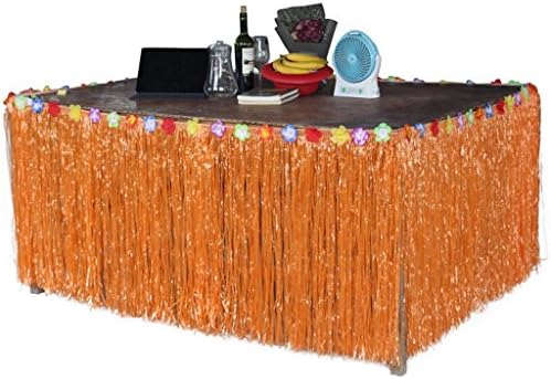 NDJK Hawaiian Luau Hibiscus Grass Table Skirt Silk Faux Flowers Party Decorations New (Orange)