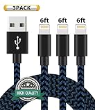 Youer Lightning Cable 3Pack 6FT Nylon Braided Certified iPhone Cable USB Cord Charging Charger for Apple iPhone 8, X, 7, 7 Plus, 6, 6s, 6+, 5, 5c, 5s, SE, iPad, iPod Nano, Touch (Black Bule)