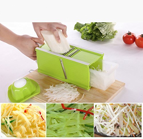 Linkcool Mandoline Slicer Kitchen Tools Set with Blades for Fruit and Cheese Cutter,Carrot Grater,Onion Chopper,Julienne Peeler with Safety Hat And Container(4 in 1 Green)