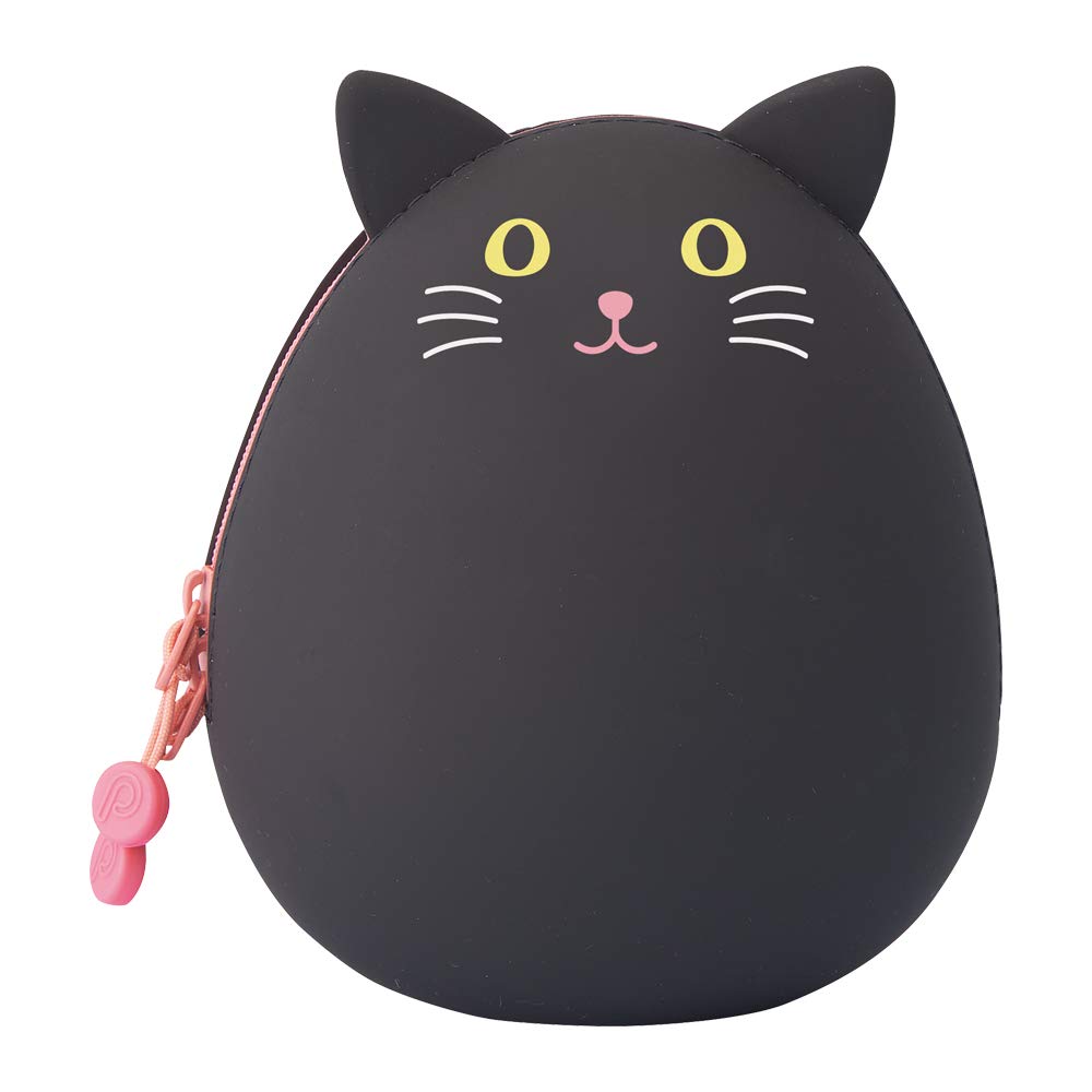 LIHITLAB PuniLabo Zipper Pouch, Egg-Shaped, 3.8" x 4.7", Black Cat (A7783-3)