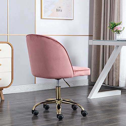 Guyou Pink Velvet Gold Desk Chair with Wheels Armless Upholstered