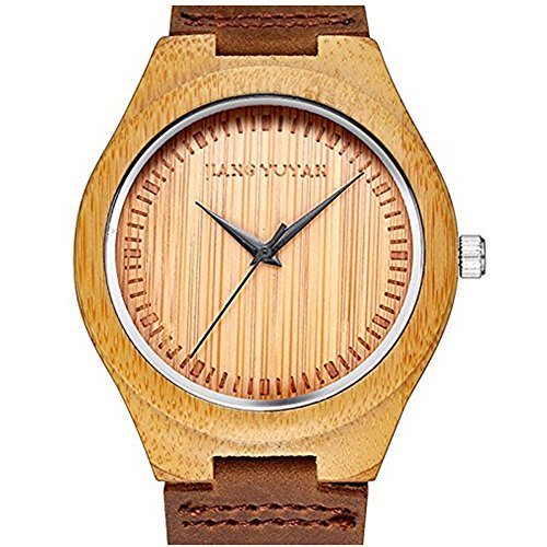 Jiangyuyan Mens Bamboo Wood Watch with Brown Cow Leahter Strap Quartz Analog Fashion Classic watches Wooden Wristwatch vintage big size