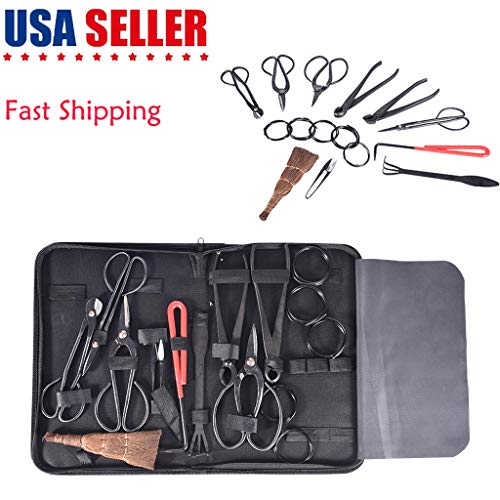 10 Piece Bonsai Tools Kit with Case Scissor Cutter Shear Set Garden Plant Tools Include Cutting Scissors Trimming Scissors Leaf Cutter Concave Cutter Knob Cutter Wire Cutter etc (A, Black)