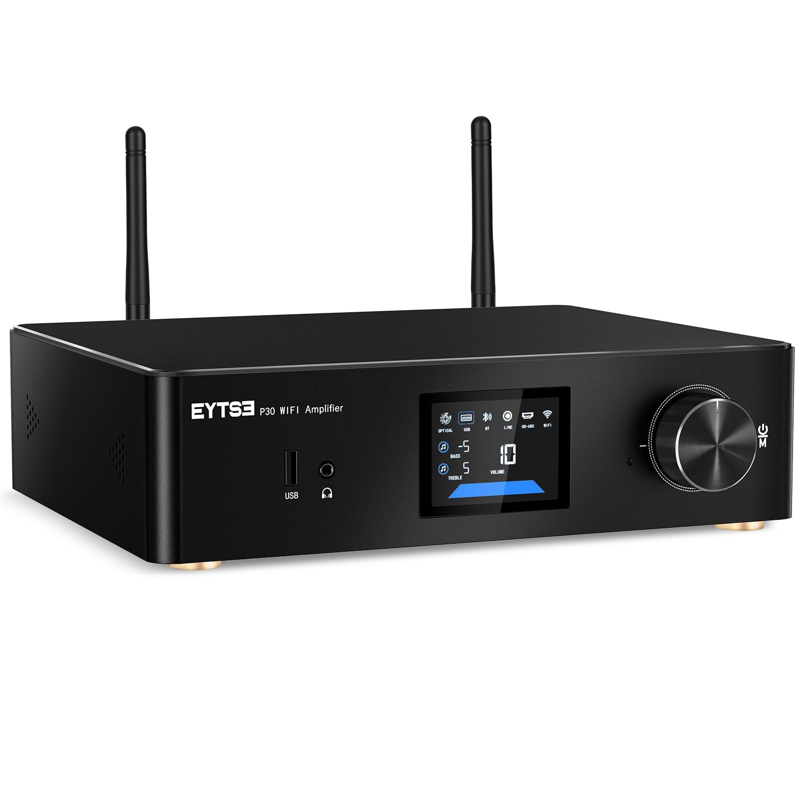 Photo 1 of EYTSE P30 300W x 2 Multiroom Streaming Amplifier Stereo Music Streamer with ESS ES9023Q2M DAC & TI TPA3255DD Amps, 3" LCD Screen, WiFi, BT, Remote Control, PC in, HDMI ARC, Optical, RCA I/O Ports