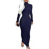 Memoriesea Women's Basic Turtleneck Long Sleeve Ribbed Bodycon Fall Slim Solid Maix Pencil Dress