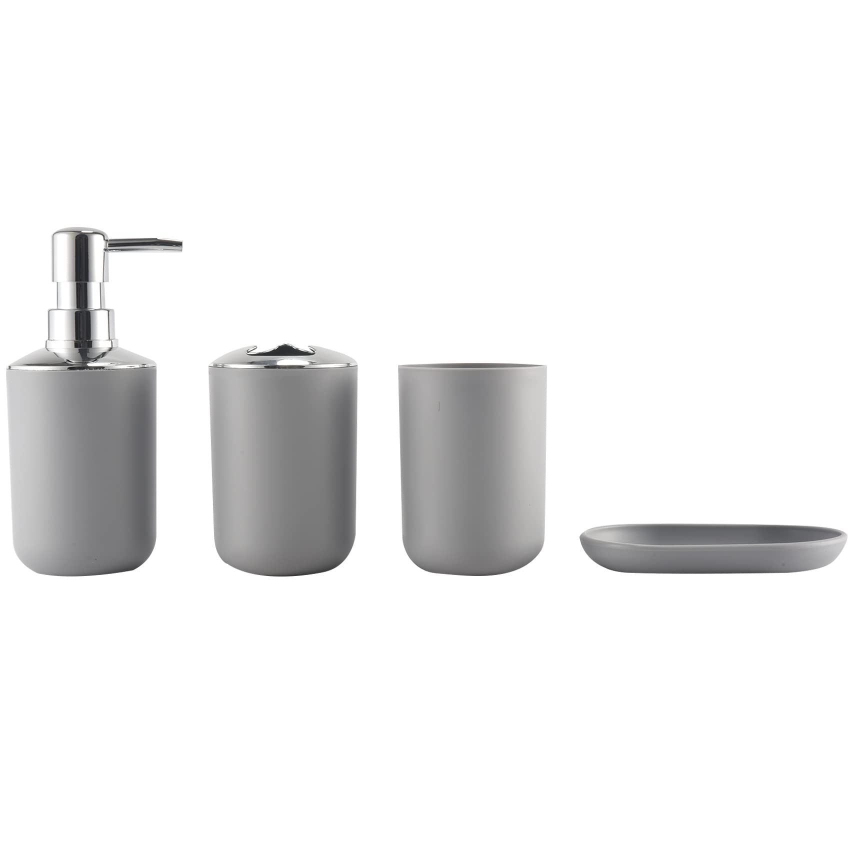 Tsudoku 4 Pcs Plastic Bathroom Accessory Set,Bath Toilet Brush Accessories Set with Toothbrush Holder,Toothbrush Cup(Grey)