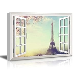 Window View Eiffel Tower in Paris with Cherry Blossom Gallery 12x18 inches