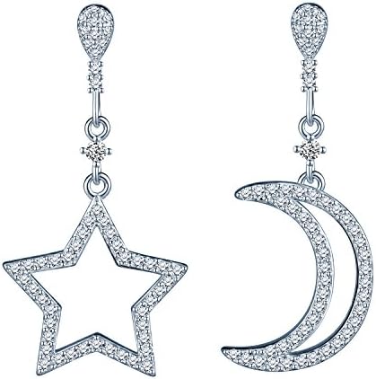 Jewelry Star and Moon 925 Sterling Silver Cubic Zirconia Asymmetric Irregular Stud Dangles Earring for Women/Ladies/Girls