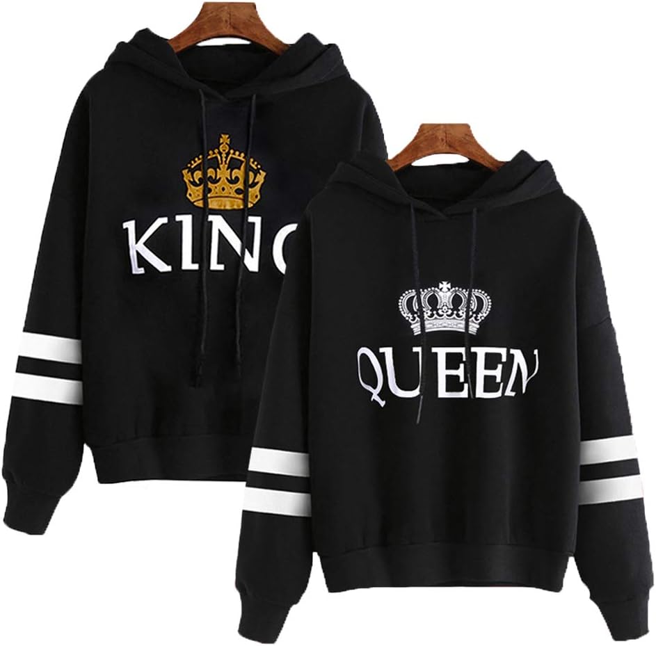 YJQ King Queen Hoodies Couple Matching Striped Sleeve Crown Printed Pullover Hooded Sweatshirts Set