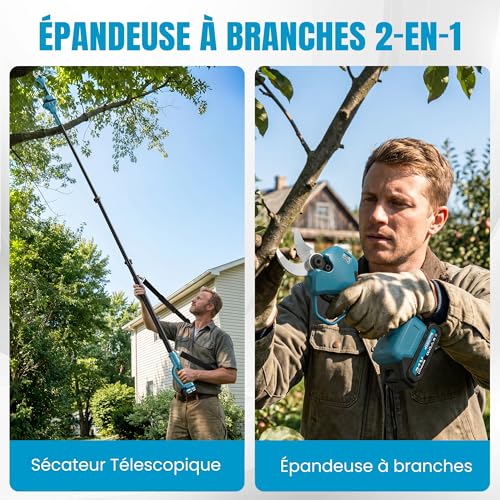 2 in 1 Electric Secateur with Pole, 40 mm Cordless Telescopic Electric Pruner with 2 x 3000 mAh Battery, Extension Up to 4.5 m, for Pruning Trees and Shrubs