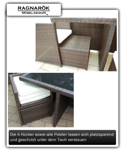 Ragnarök-Möbeldesign DEUTSCHE Marke - EIGNENE Produktion - 8 Jahre GARANTIE Garten Möbel Glas Polster PolyRattan Set Gartenmöbel Tisch Stuhl Hocker BRAUN – Bild 6