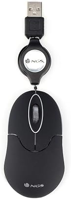 SIN BLACK - Ratón Óptico 1000dpi con Cable Retráctil USB, Ratón para Ordenador o Portátil con 2 Botones, Ambidiestro